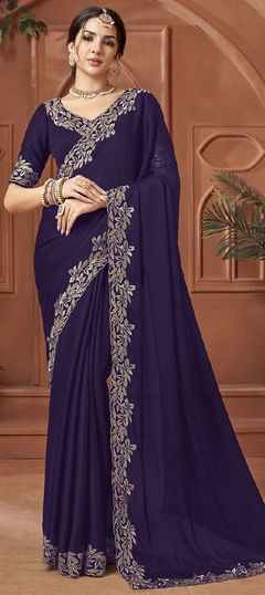 Purple and Violet color Saree in Crushed Silk fabric with Embroidered, Thread work