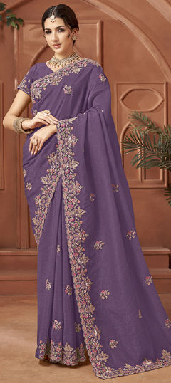 Purple and Violet color Saree in Crushed Silk fabric with Embroidered, Thread work