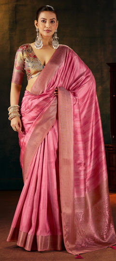 Pink and Majenta color Saree in Silk fabric with Weaving work