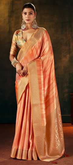 Orange color Saree in Silk fabric with Weaving work