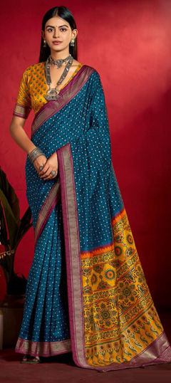 Blue color Saree in Tussar Silk fabric with Printed work