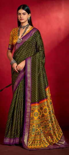 Green color Saree in Tussar Silk fabric with Printed work