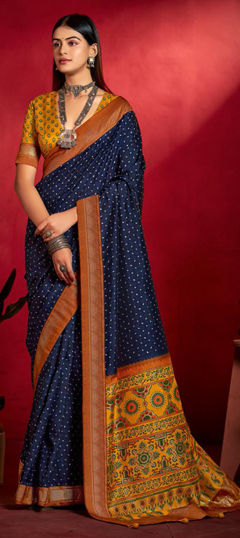 Blue color Saree in Tussar Silk fabric with Printed work