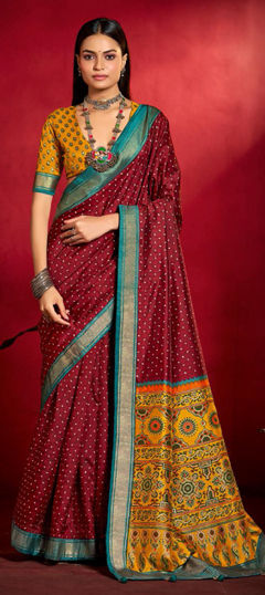 Red and Maroon color Saree in Tussar Silk fabric with Printed work