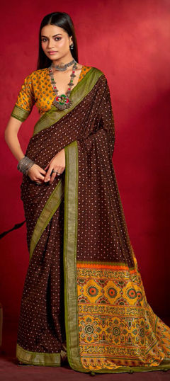 Beige and Brown color Saree in Tussar Silk fabric with Printed work