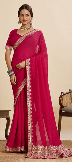 Pink and Majenta color Saree in Art Silk fabric with Embroidered, Lace work