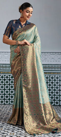 Blue color Saree in Kanjeevaram Silk fabric with Weaving work