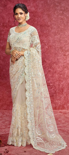 White and Off White color Saree in Net fabric with Embroidered, Sequence work
