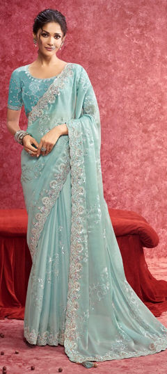 Blue color Saree in Georgette fabric with Embroidered, Sequence work