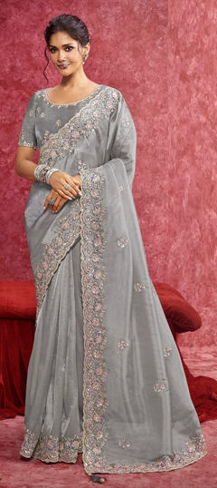 Black and Grey color Saree in Silk fabric with Embroidered, Sequence work