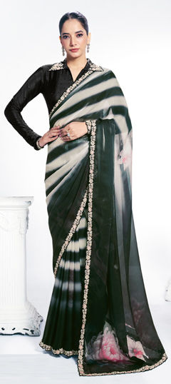 Green, White and Off White color Saree in Satin Silk fabric with Digital Print, Embroidered, Stone work