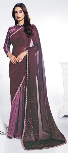 Pink and Majenta color Saree in Satin Silk fabric with Digital Print, Embroidered, Sequence, Stone work