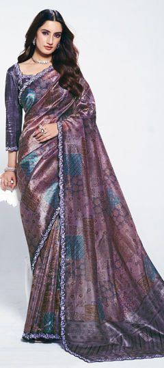 Purple and Violet color Saree in Silk fabric with Digital Print, Embroidered, Stone work