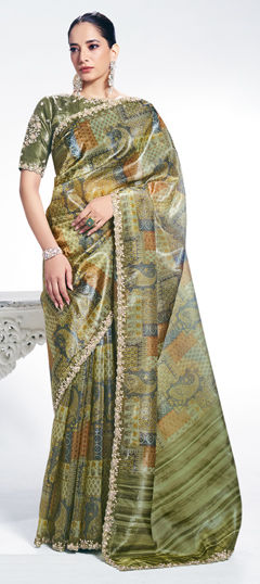 Green color Saree in Silk fabric with Digital Print, Embroidered, Stone work