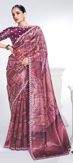 Pink and Majenta color Saree in Silk fabric with Digital Print, Embroidered, Stone work