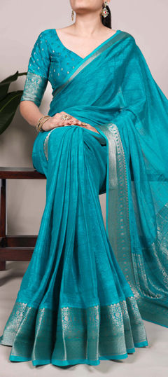 Blue color Saree in Chinon Silk fabric with Printed, Weaving, Zari work