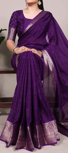 Purple and Violet color Saree in Chinon Silk fabric with Printed, Weaving, Zari work