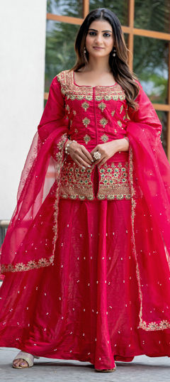 Pink and Majenta color Long Lehenga Choli in Silk fabric with Embroidered, Moti, Sequence, Thread work