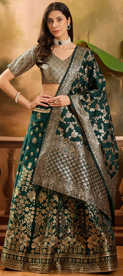 Green color Lehenga in Banarasi Silk, Jacquard fabric with Weaving work