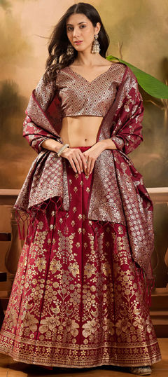 Red and Maroon color Lehenga in Banarasi Silk, Jacquard fabric with Weaving work