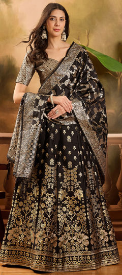 Black and Grey color Lehenga in Banarasi Silk, Jacquard fabric with Weaving work