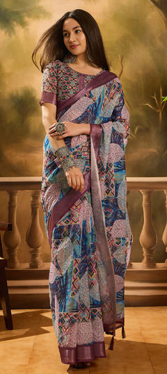 Purple and Violet, White and Off White color Saree in Linen fabric with Digital Print work