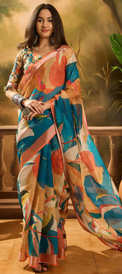 Multicolor color Saree in Linen fabric with Digital Print work