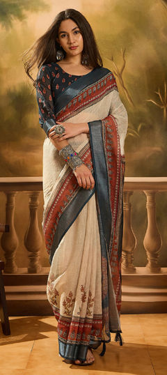 Beige and Brown color Saree in Linen fabric with Digital Print work