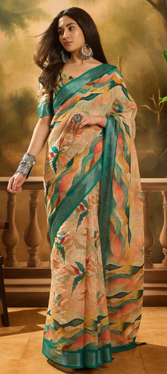 Beige and Brown color Saree in Linen fabric with Digital Print work