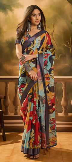 Multicolor color Saree in Linen fabric with Digital Print work