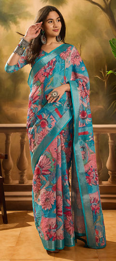 Blue color Saree in Linen fabric with Digital Print work
