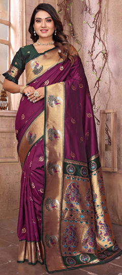 Red and Maroon color Saree in Silk fabric with Weaving work