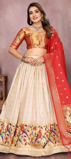 White and Off White color Lehenga in Jacquard fabric with Weaving, Zari work