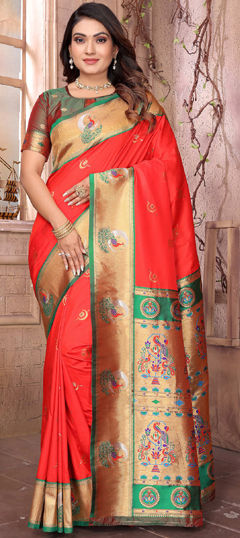 Red and Maroon color Saree in Silk fabric with Weaving work