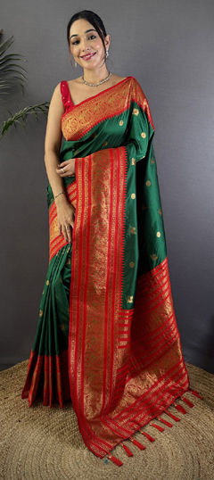 Green color Saree in Silk fabric with Weaving work