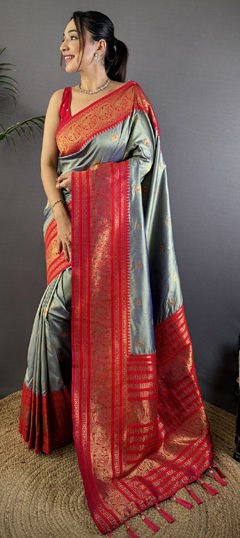 Black and Grey color Saree in Silk fabric with Weaving work