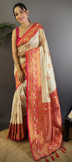 White and Off White color Saree in Silk fabric with Weaving work