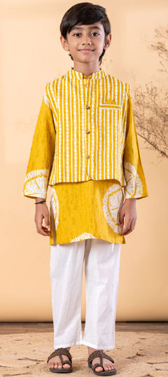 Yellow color Boys Kurta Pyjama with Jacket in Cotton fabric with Printed work