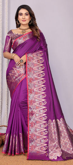 Purple and Violet color Saree in Silk fabric with Weaving work