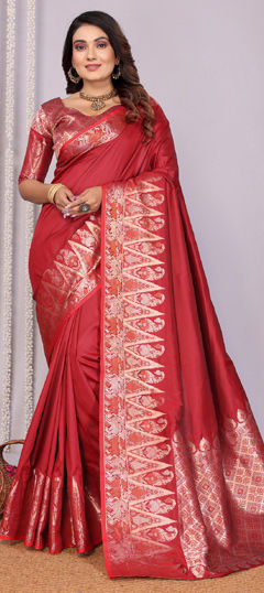 Red and Maroon color Saree in Silk fabric with Weaving work