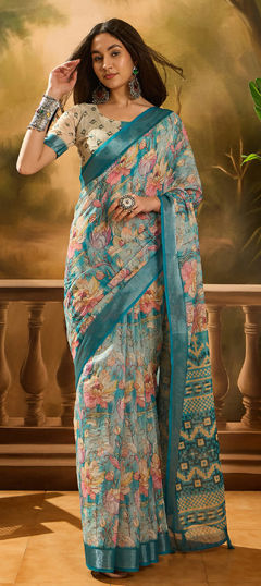 Multicolor color Saree in Cotton, Linen fabric with Digital Print work