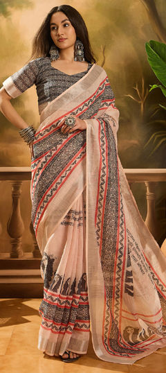 Beige and Brown color Saree in Cotton, Linen fabric with Digital Print work
