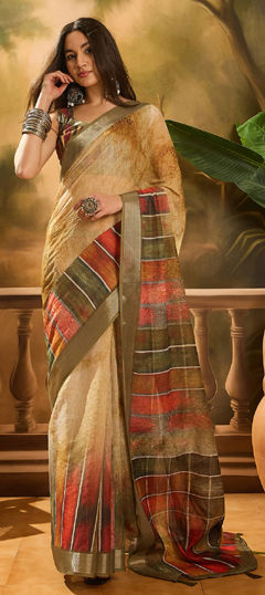 Beige and Brown color Saree in Cotton, Linen fabric with Digital Print work