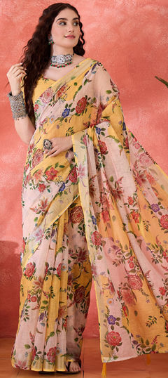 Multicolor color Saree in Cotton, Linen fabric with Digital Print work