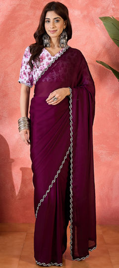 Pink and Majenta color Saree in Chiffon fabric with Stone work