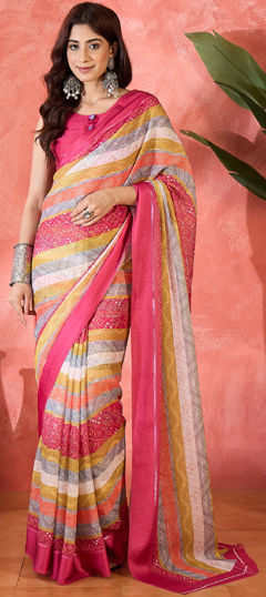 Multicolor color Saree in Chiffon fabric with Bandhej, Digital Print work