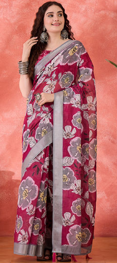 Pink and Majenta color Saree in Cotton, Linen fabric with Digital Print work