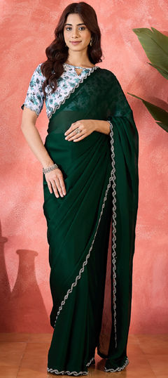 Green color Saree in Chiffon fabric with Stone work