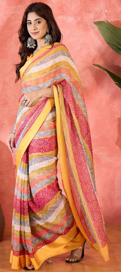 Multicolor color Saree in Chiffon fabric with Bandhej, Digital Print work