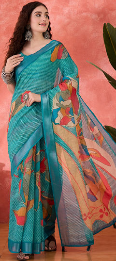Blue color Saree in Cotton, Linen fabric with Digital Print work